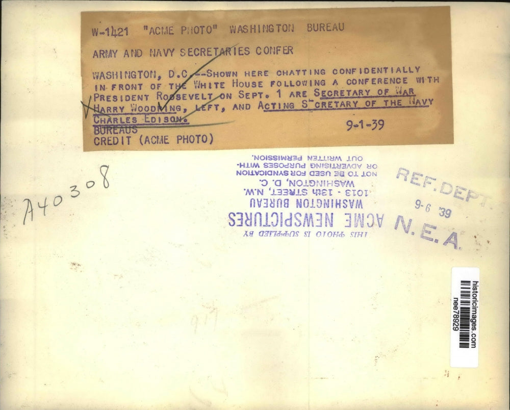 1939 Press Photo Harry Woodring, Sec. of War and Sec. Charles Edison of Navy.