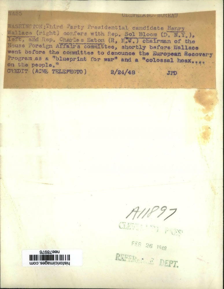 1948 Press Photo Henry Wallace confer with Rep.Sol Bloom and Rep. Charles Eaton