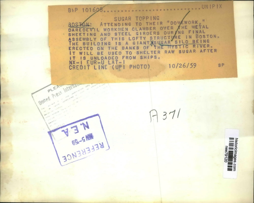 1959 Press Photo Giant Sugar Silo being erected in the banks of the Mystic River