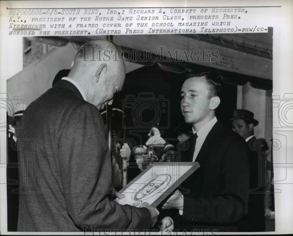 1960 Press Photo Pres. Eisenhower received framed Cover of the school Magazine