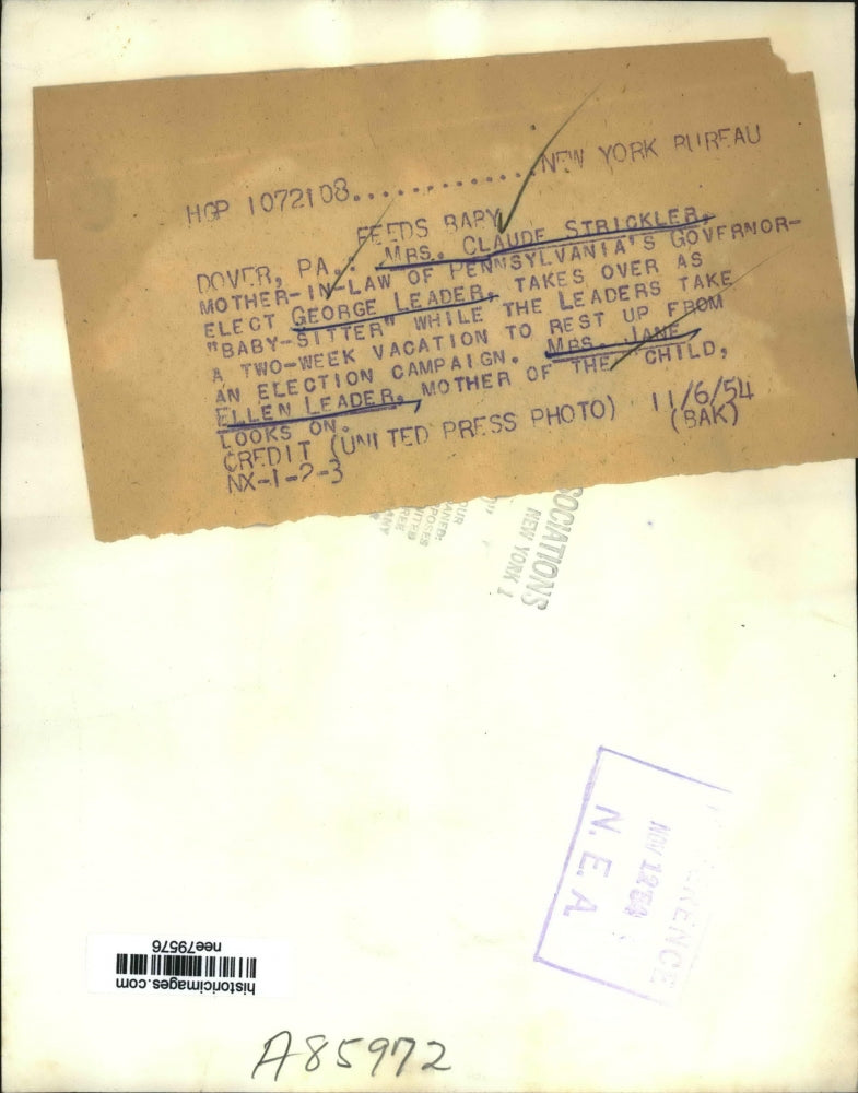 1954 Press Photo Mrs Claude Srtickler mom in law PA Gov elect George Leader