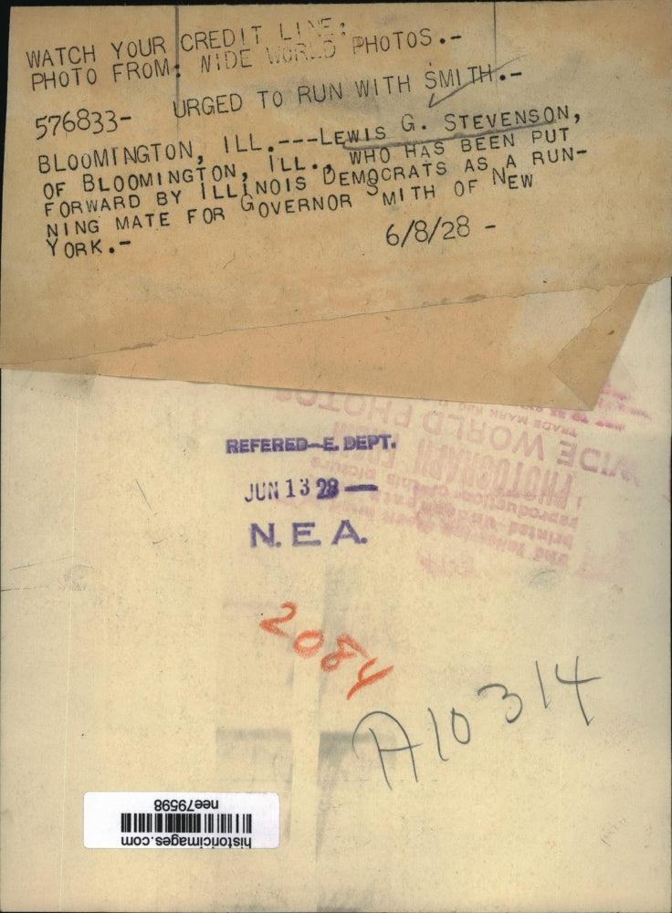 1928 Press Photo Lewis G Stevenson running mate for Gov Smith of Illinois