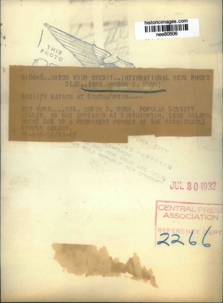 1932 Press Photo Mrs Orson D Munn at Southampton Long Island NY - nee80606