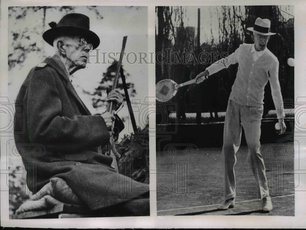 1950 Press Photo King Gustaf V of Sweden at tennis at age 88 & hunting at 91