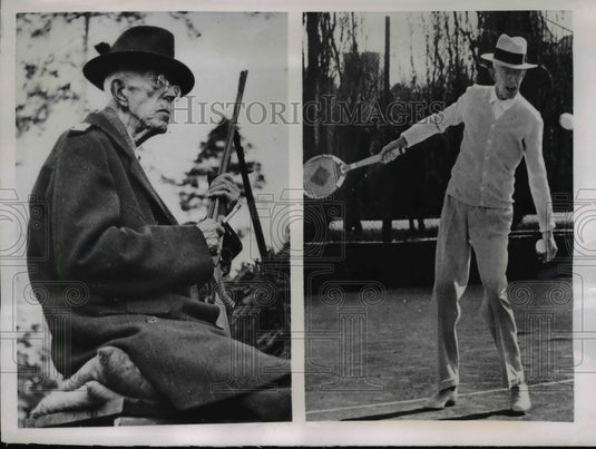 1950 Press Photo King Gustaf V of Sweden at tennis at age 88 & hunting at 91