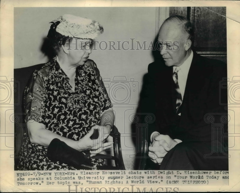 Load image into Gallery viewer, 1948 Press Photo Mrs. Eleanor Roosevelt chats with Dwight D. Eisenhower.
