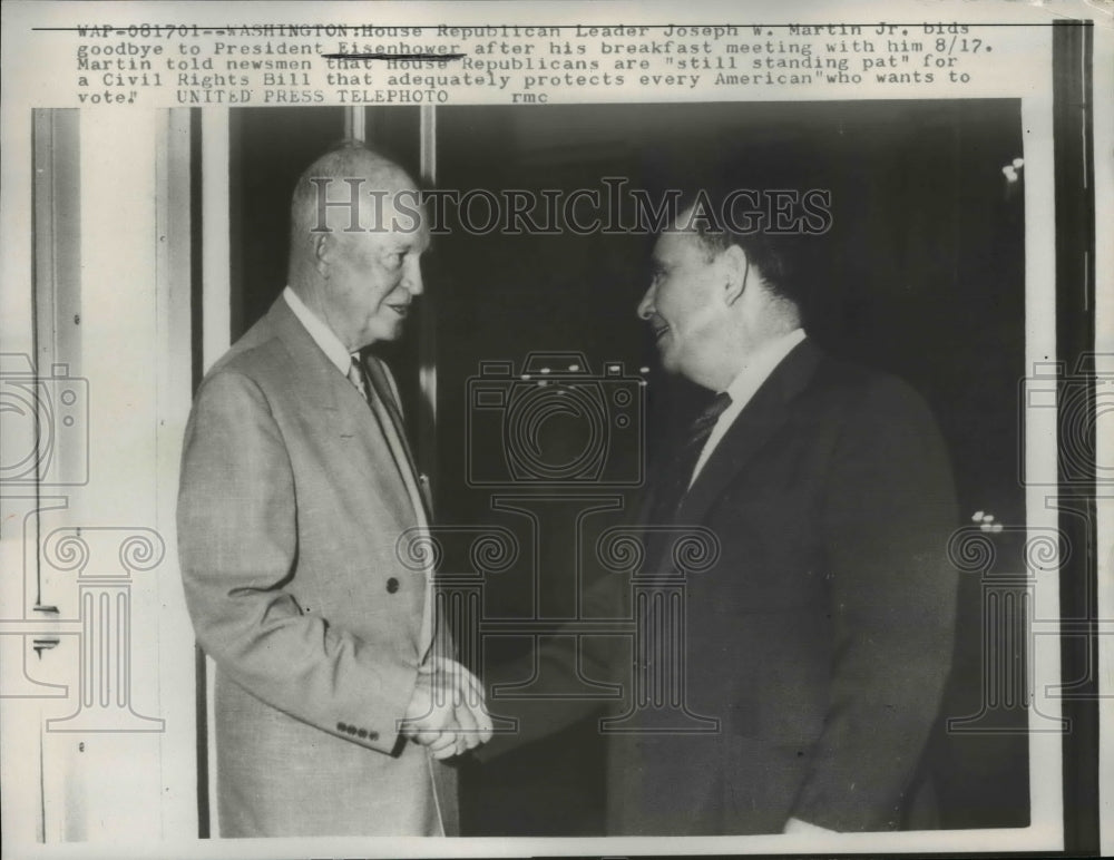 1957 Press Photo Pres. Eisenhower with Joseph W.Martin Jr. Republican Leader.