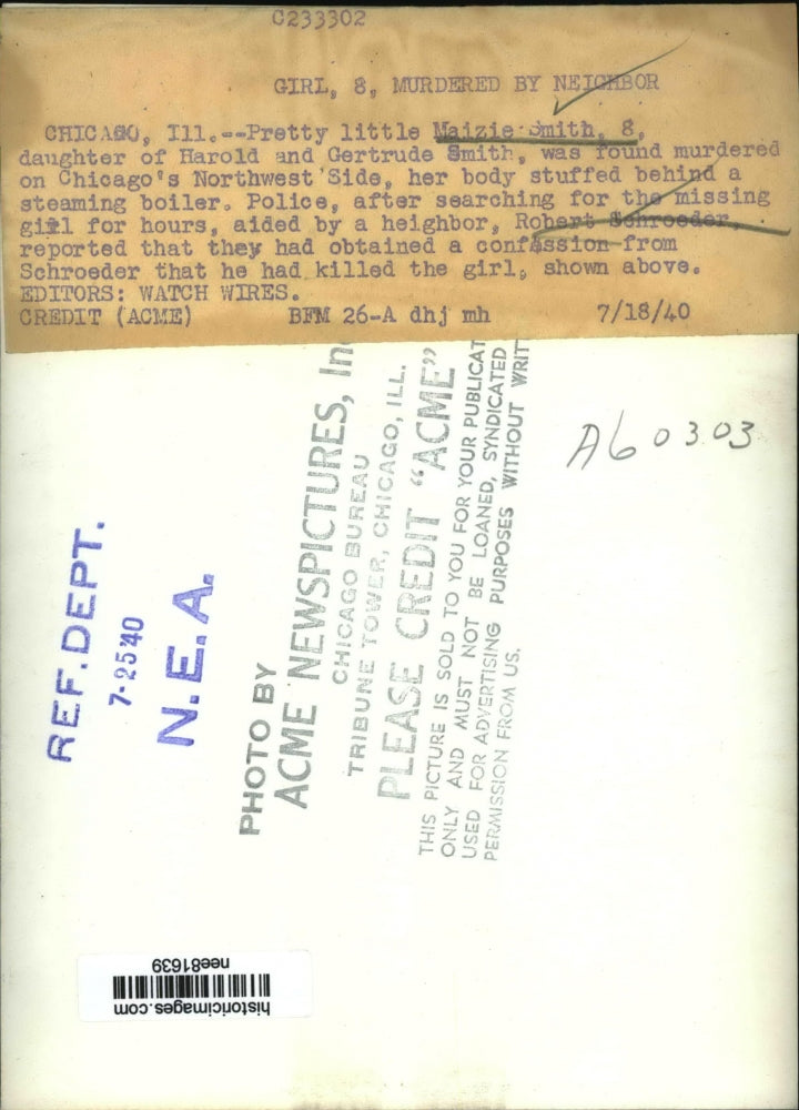 1940 Press Photo Maizie Smith,8, found murdered on Chicago Northwest Side.