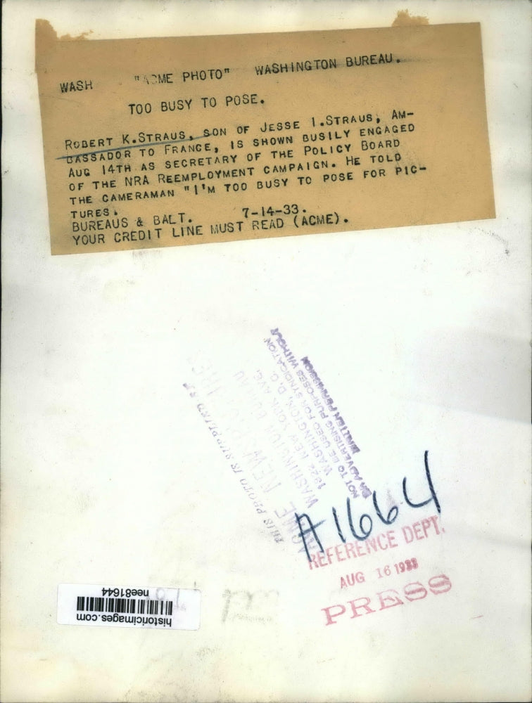 1933 Press Photo Robert K.Straus,Sec.of Policy Board of the NRA Reemployment