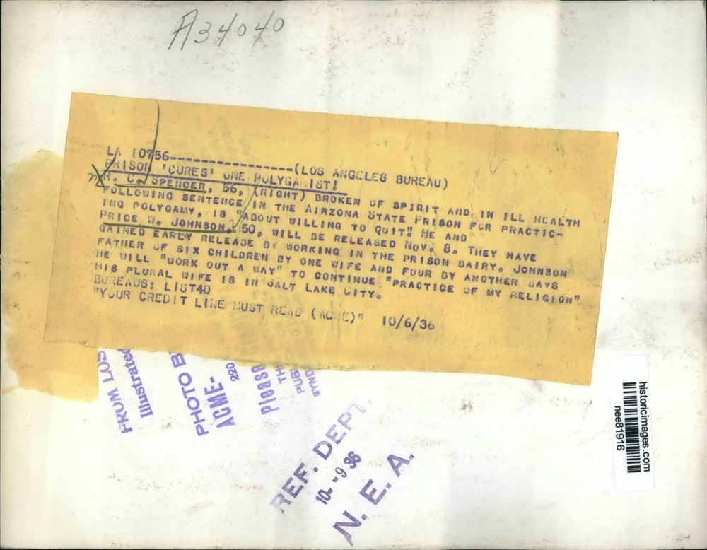 1936 Press Photo R.C. Spencer and Price W.Johnson Prisoner in Arizona Prison.