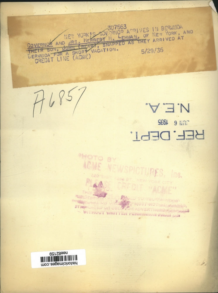 1936 Press Photo NY Governor & Mrs Herbert Lehman & son John at Bermuda