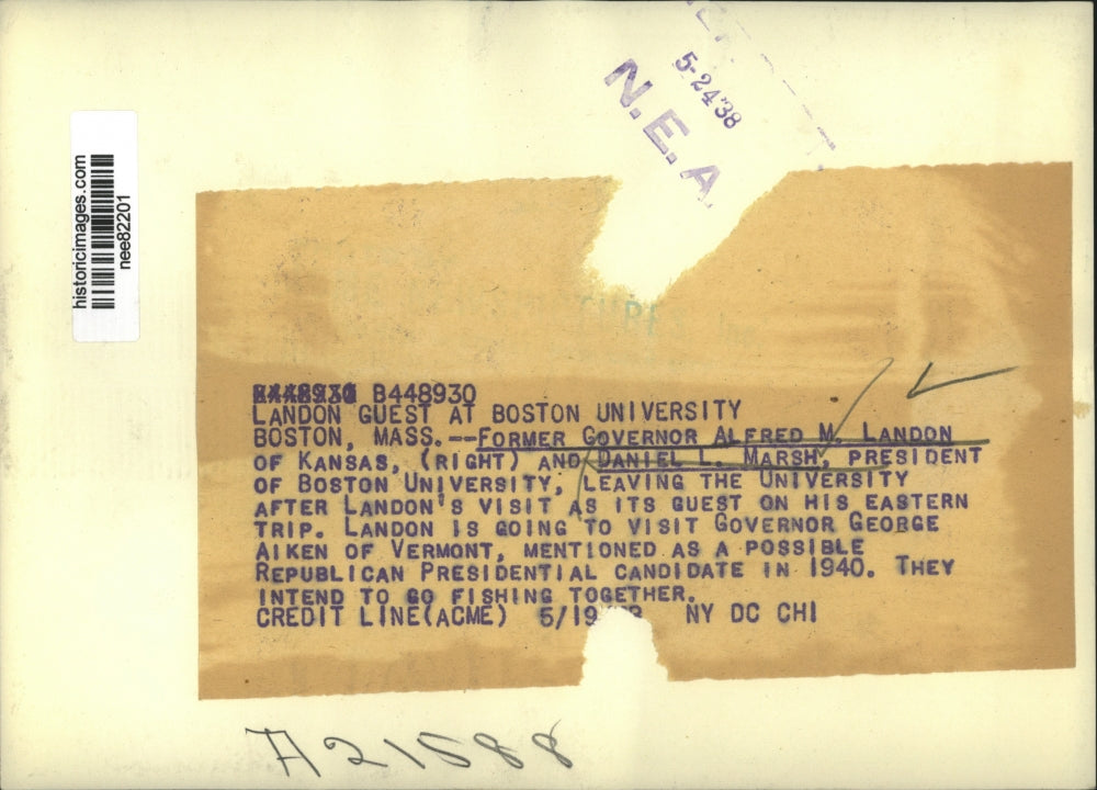 1938 Press Photo Former Kansas Governor Alfred Landon, Boston U pres Dan Marsh