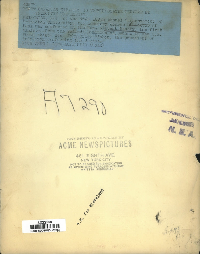 1922 Press Photo 180th Commencemant at Princeton Hon Vincent Massey of Canada