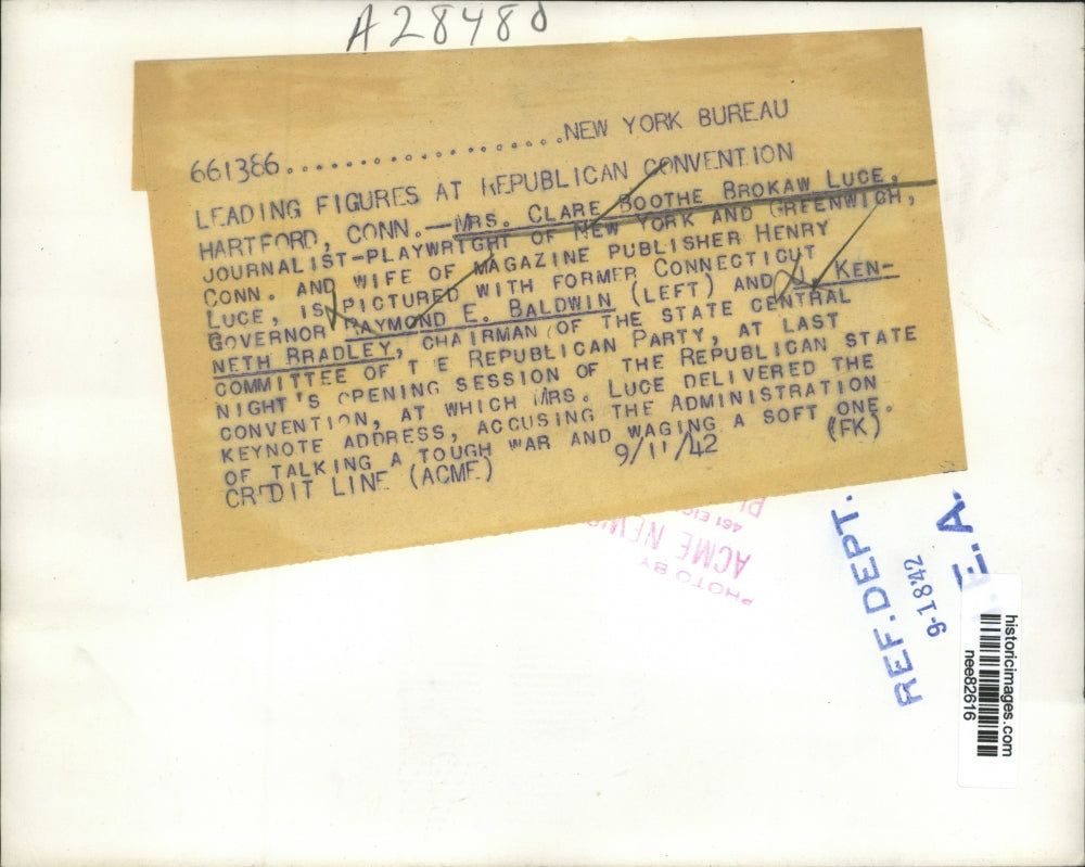 1942 Press Photo Clare Boothe Luce, Ex CT Governor Raymond Baldwin, - nee82616