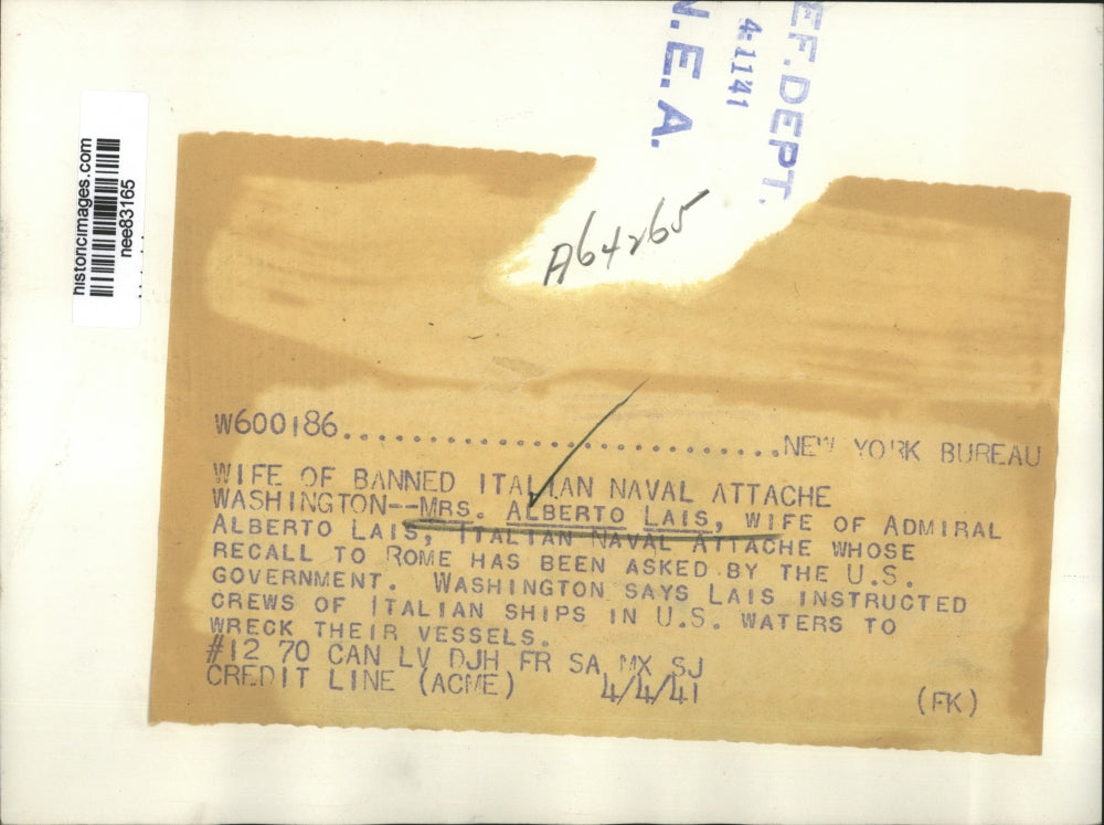 1941 Press Photo Mrs Alberto Lais wife of Admiral Alberto Lais of Italy