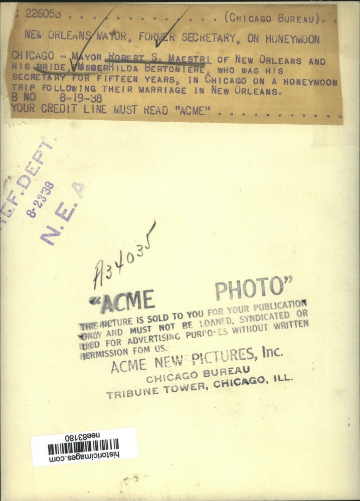 1939 Press Photo New Orleans Mayor Robert Maestri & bride Hilda Bertoniere