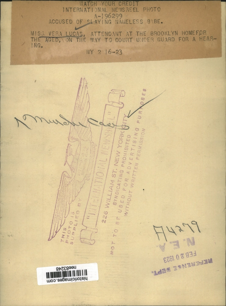 1923 Press Photo Ms. Vera Lucas accused of slaying nameless babe. - nee83248
