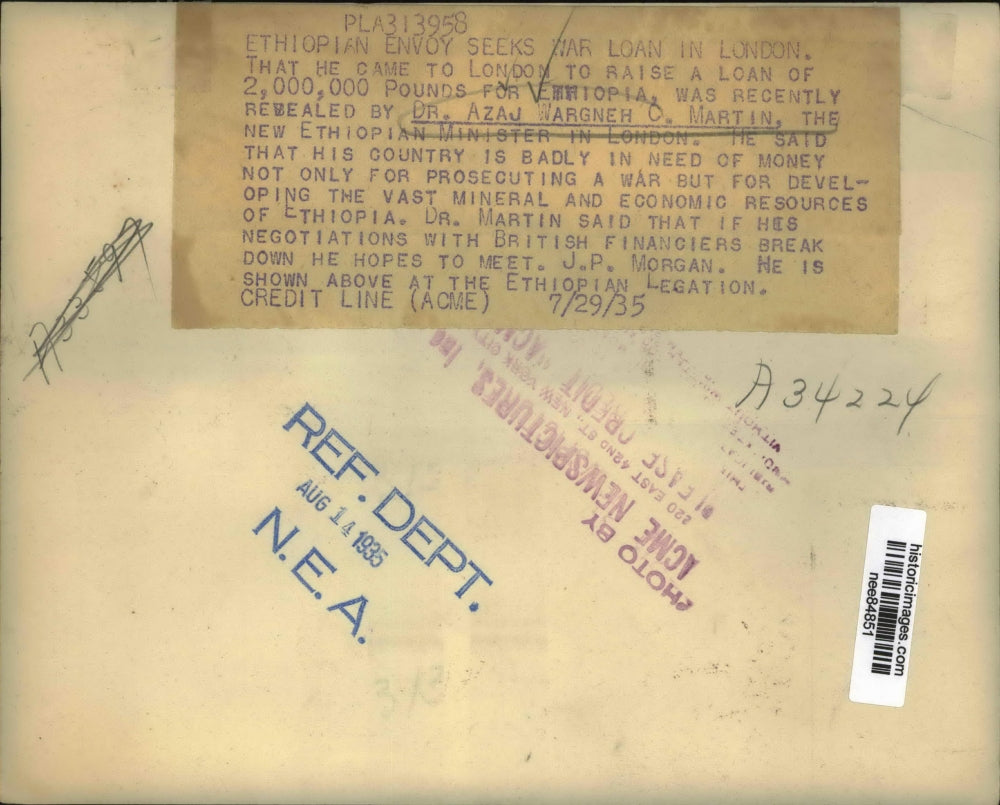 1935 Press Photo Dr Azaj Wargner C Martin Ethiopian Minister in London