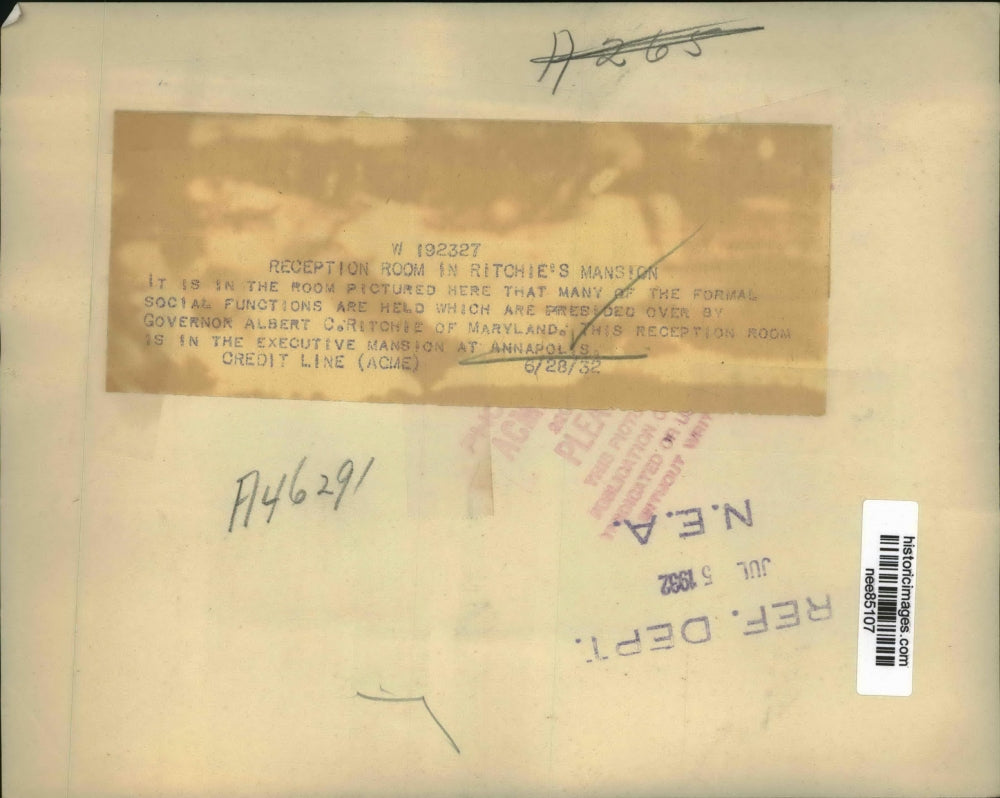 1932 Press Photo Reception Room in Gov .Albert Ritche Mansion at Annapolis