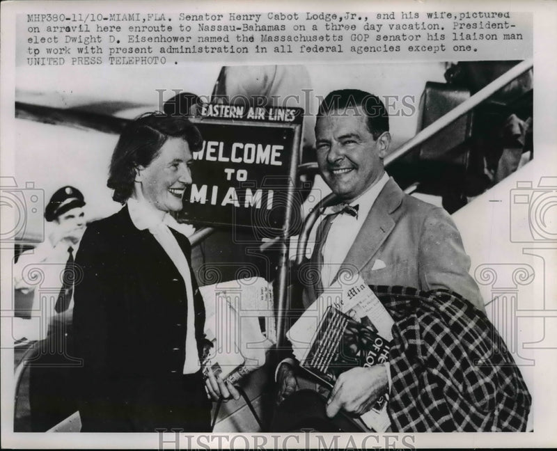 Load image into Gallery viewer, 1952 Press Photo Sen. Henry Cabot Lodge Jr. and Wife arrived at Nassau-Bahamas

