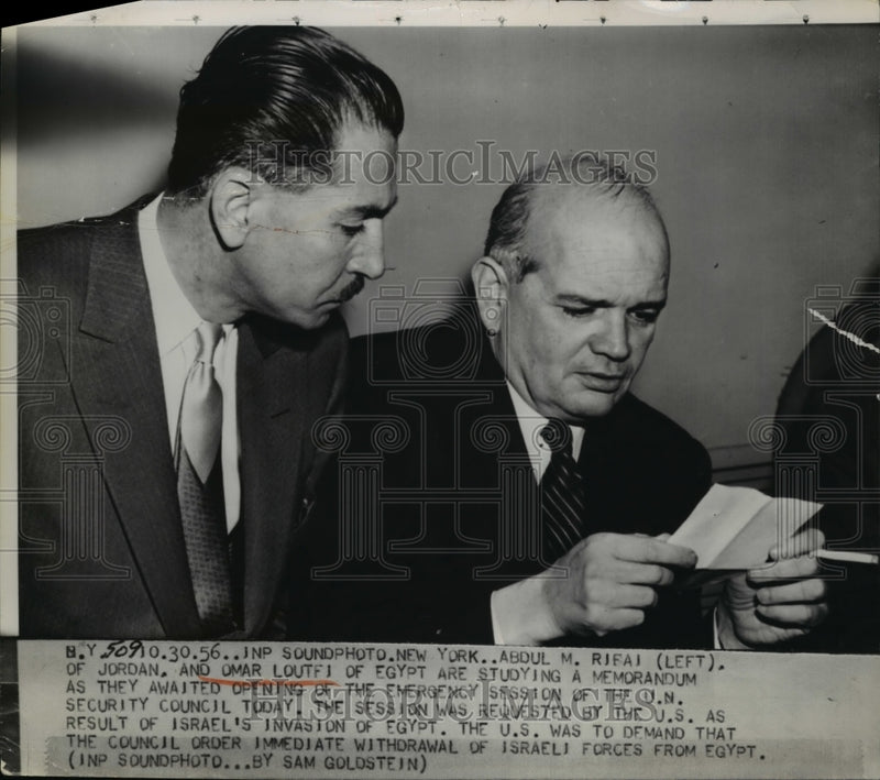 Load image into Gallery viewer, 1956 Press Photo Abdul M.Rifai of Jordan and Omar Loutfi of Egypt at UN council
