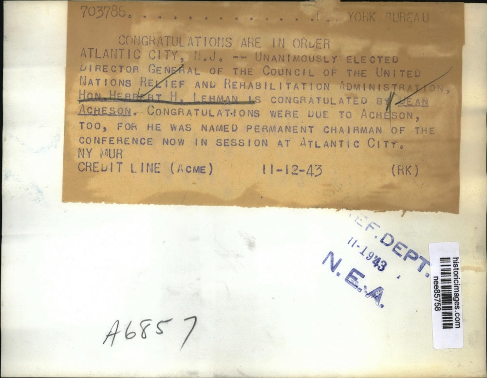 1943 Press Photo Rehabilitation Director for UN Relief Herbert Lehman