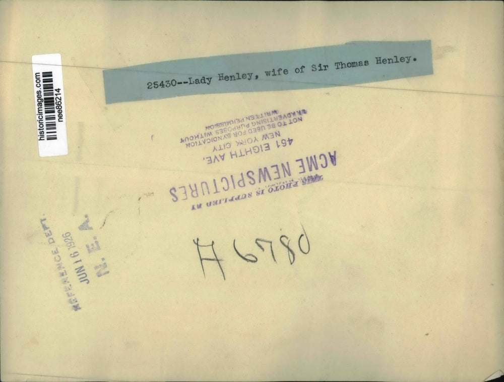 1926 Press Photo Lady Henley wife of Sir Thomas Henley - nee86214