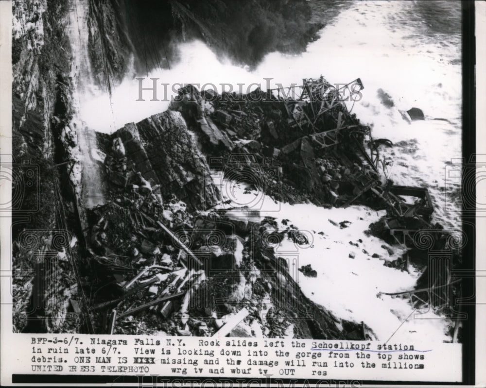 1956 Press Photo Rock Slides left the Schoellkopf Power Station in ruin
