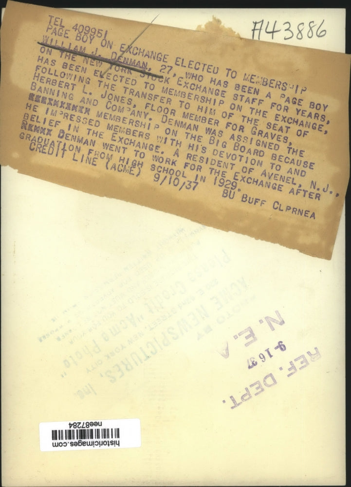 1937 Press Photo William J. Denman page boy on New York Stock Exchange