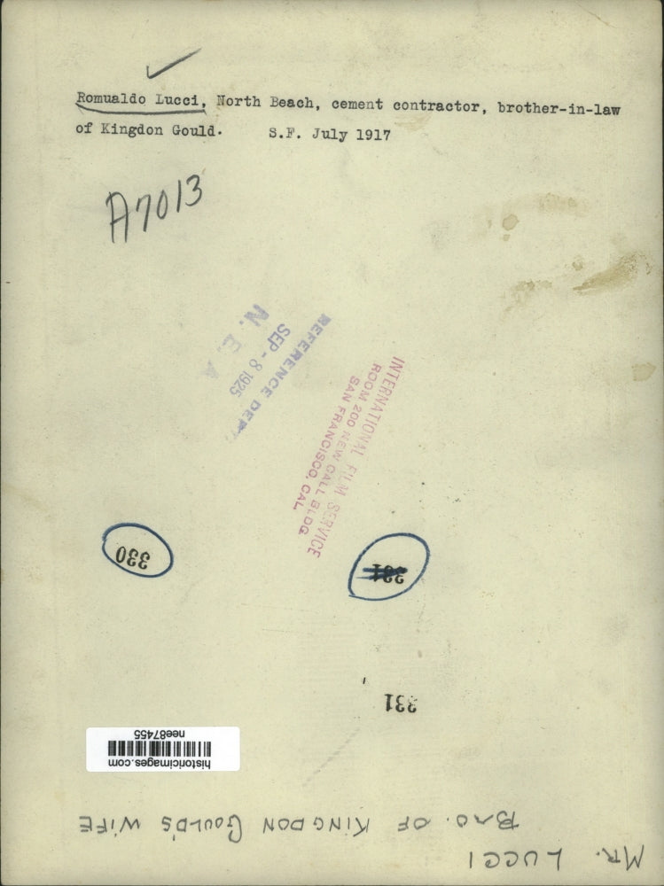 1925 Press Photo Romualdo Lucci brother in law of Kingdon Gould in North Beach