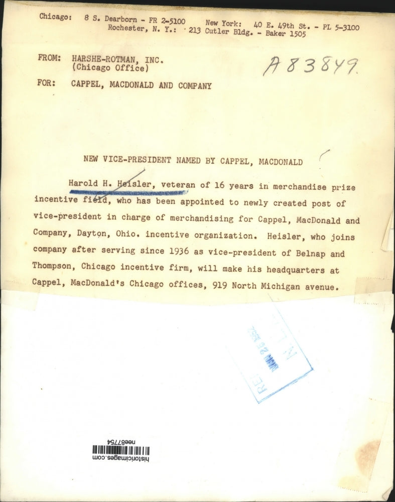 1952 Press Photo Harold H Heisler VP for Cappel McDonald & Company in Ohio