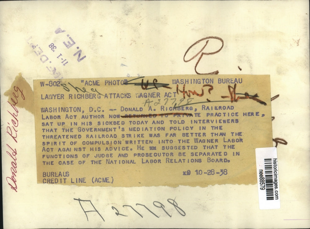 1938 Press Photo Donald Richberg Railroad Labor Act author in Washington DC