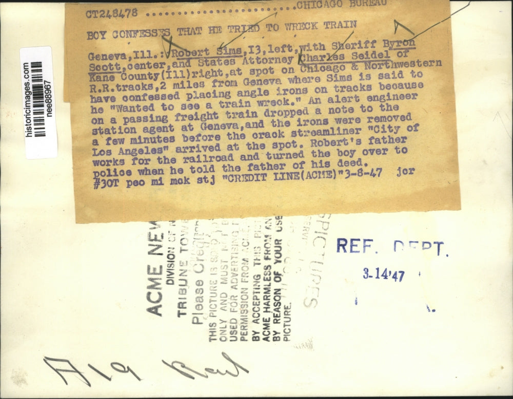 1947 Press Photo Robert Sims confessed that he tried to wreck train - nee88967