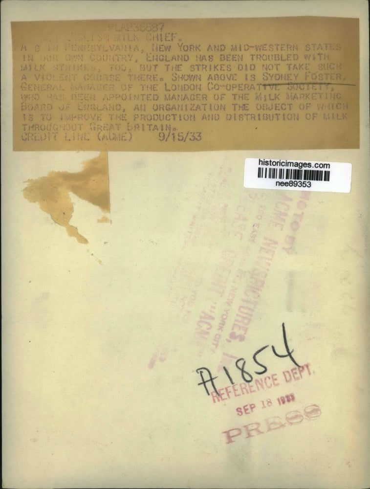 1933 Press Photo Sydney Foster General Manager of London Co-Operative Society