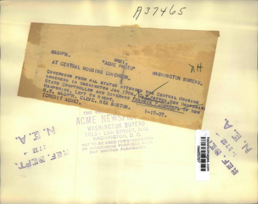 1937 Press Photo Gov.Francis P Murphy of New Hampshire and C.T. Patten