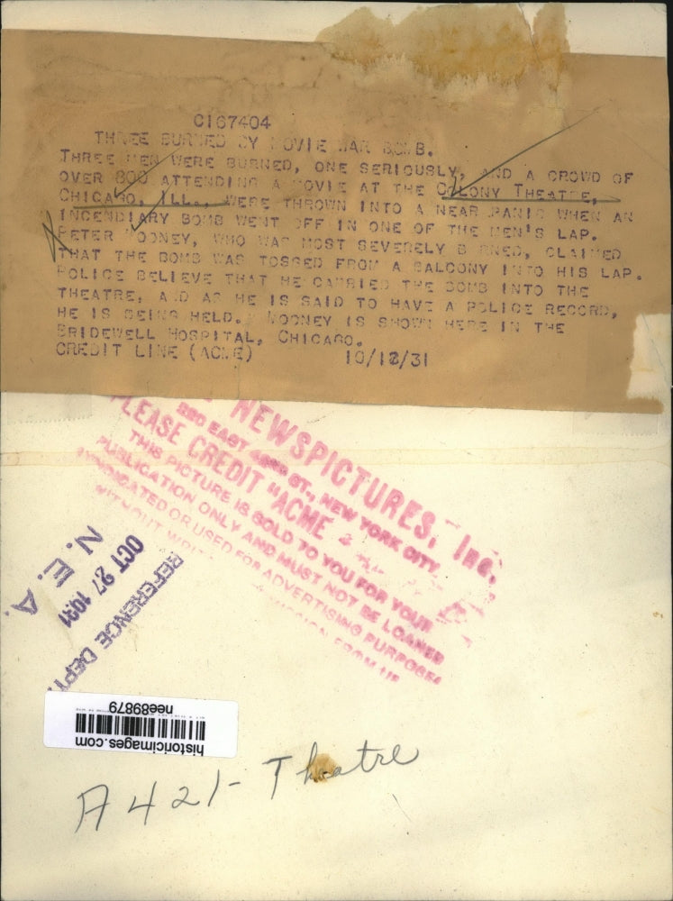 1931 Press Photo Peter Mooney in Chicago hospital from fire at Colony Theater