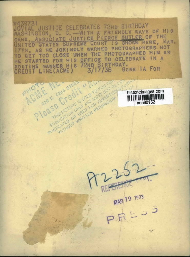 1938 Press Photo Pierce Butler Jovial Justice celebrates 72nd Birthday