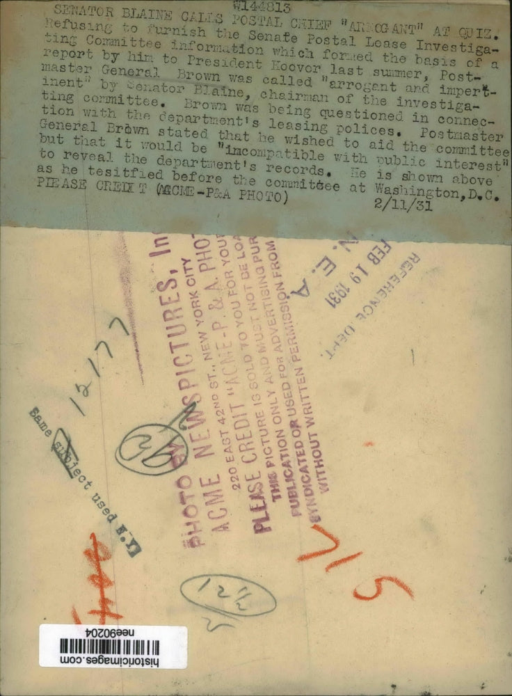 1931 Press Photo Postmaster Gen.Brown questioned with the Dept. leasing policies