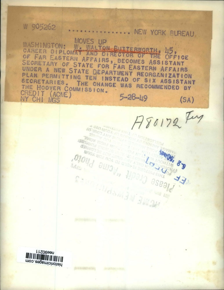 1949 Press Photo W Walton Butterworth Asst.Sec of State for Far Eastern Affairs