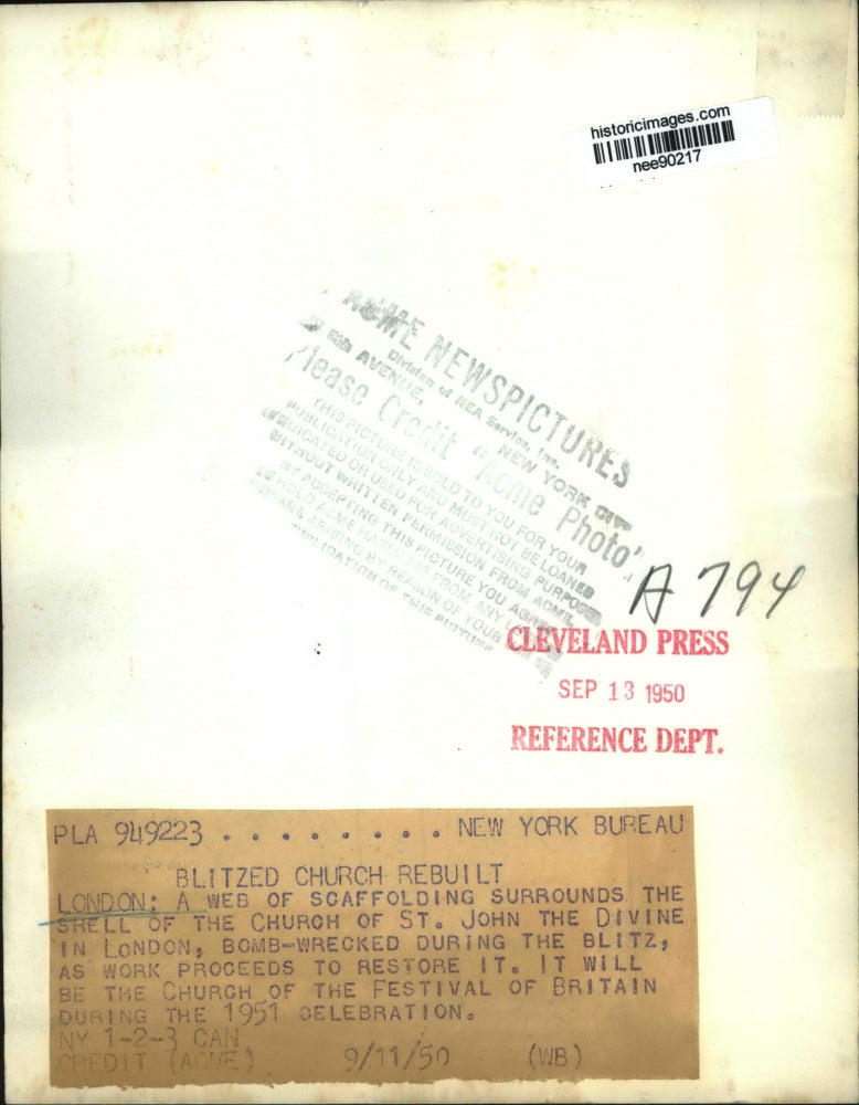 1950 Press Photo Scaffolding surrounds the Church of St John the Divinein London