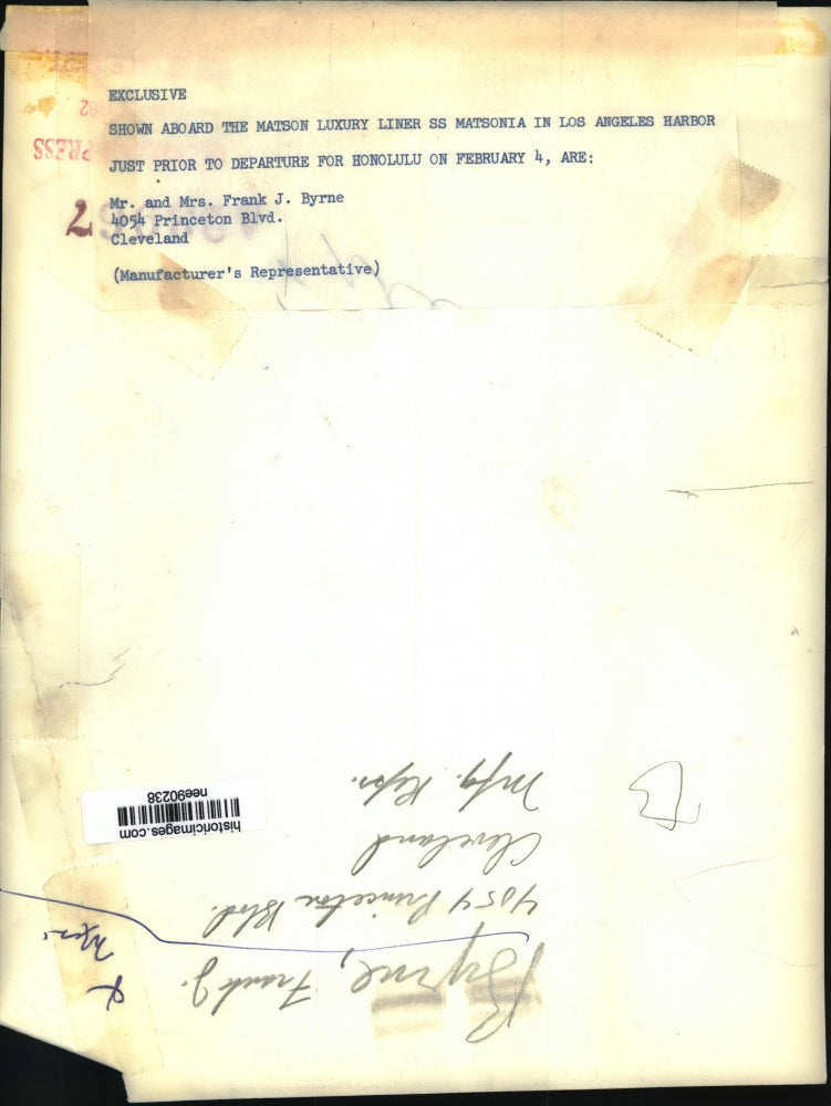 1962 Press Photo Mr and Mrs Frank J Byrne abroad the SS Matsonia in Los Angeles