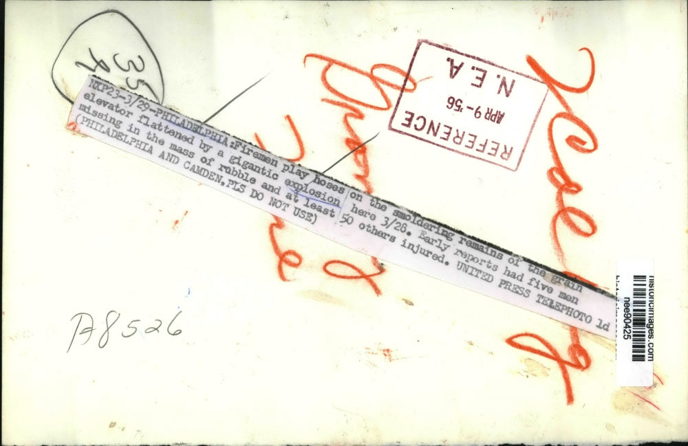 1956 Press Photo Firemen play hose at Gigantic Explosion at Philadelphia