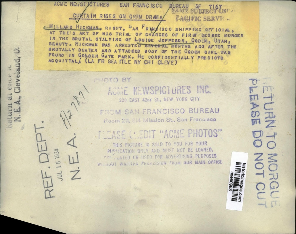 1934 Press Photo Millard Hickman Shipping Official charge of Murdger