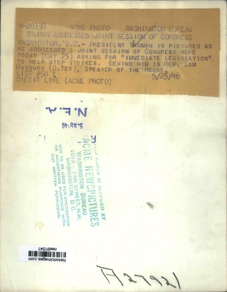 1946 Press Photo Pres. Harry Truman addressed a joint session of Congress