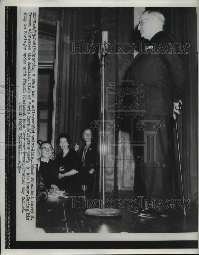 1956 Press Photo Pres. Harry Truman addresses the American Club of Paris- Historic Images