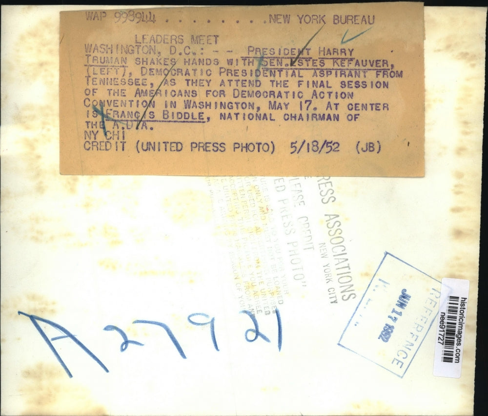 1952 Press Photo Pres. Harry Truman with Sen.Estes Kefauver and Francis Biddle