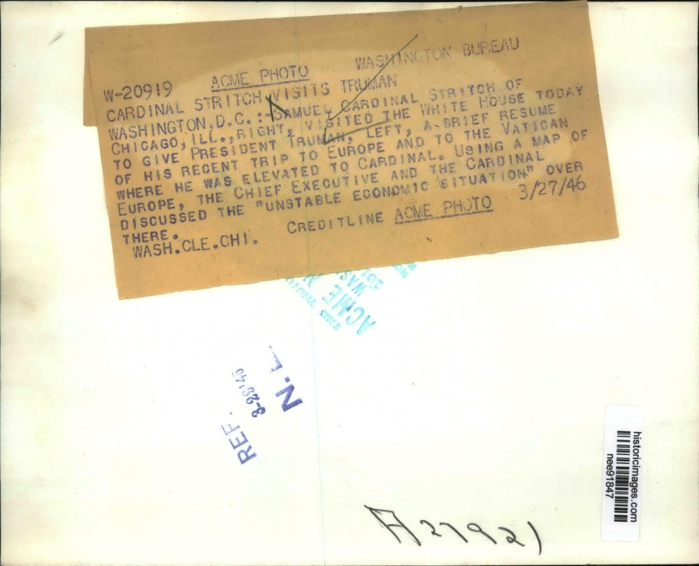 1946 Press Photo Pres. Harry Truman and Samuel Cardinal Stritch of Chicago