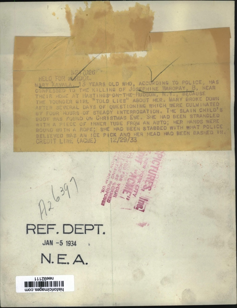 1933 Press Photo 13 year old Mary Kavala confesses to murder of friend