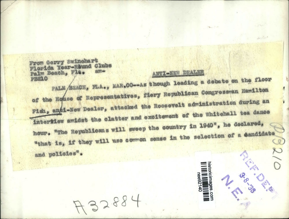 1938 Press Photo Rep.Hamilton Fish,Anti-dealer attacked Roosevelt administratio