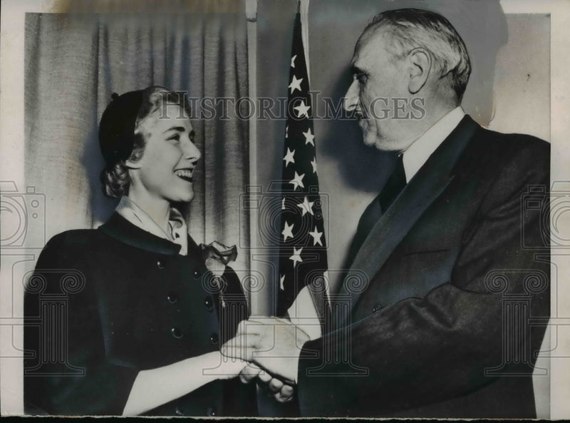 Load image into Gallery viewer, 1953 Press Photo Italian Ambassador Sergio Albert Shakes Hand With Claire Lucy

